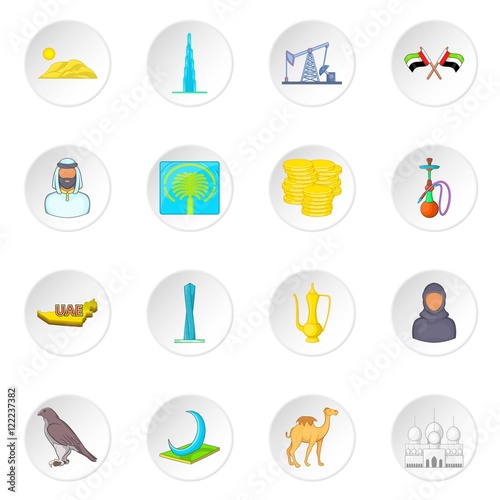 UAE icons set in cartoon style. United Arab Emirates elements set collection vector illustration