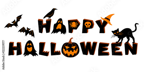 Happy Halloween lettering. Text and vector elements: bats, crow, pumpkin, jack o'lantern, ghosts, spider, skull, black cat and witch's hat. Vector illustration, isolated on white background