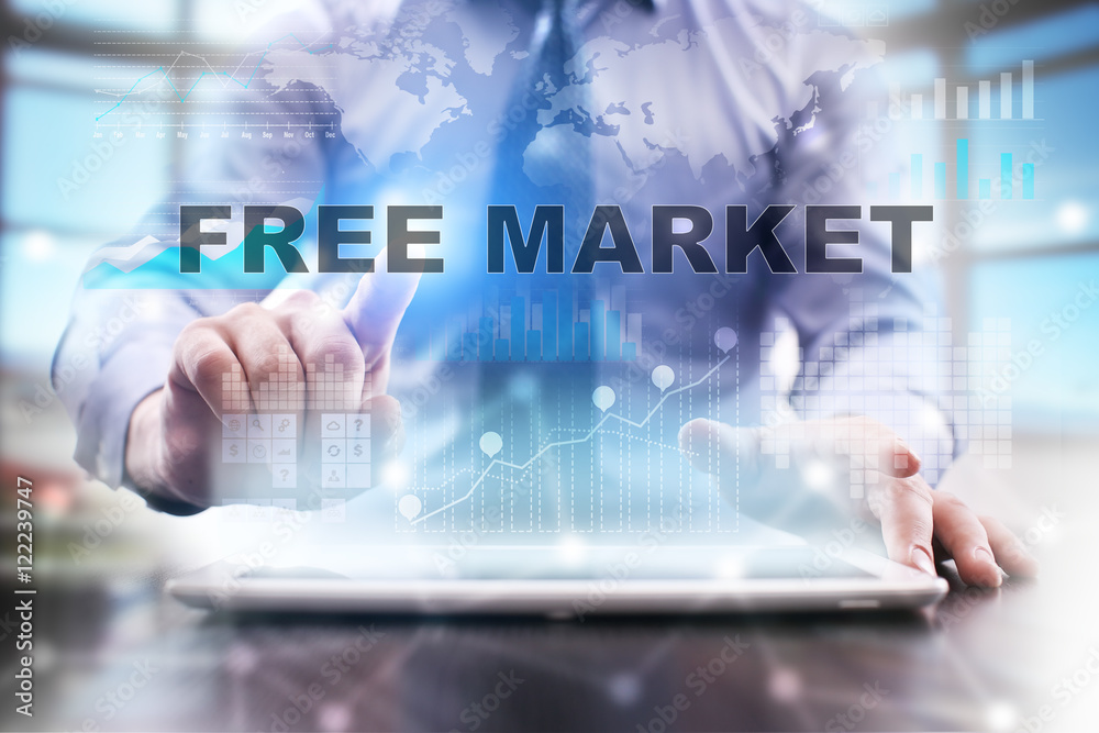 Fototapeta premium Businessman is using tablet computer, pressing button on touch screen and selecting 