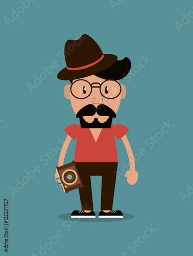 flat design hipster man and photographic camera image vector illustration