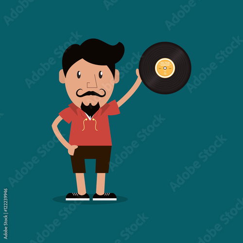 flat design hipster man and vinyl record  image vector illustration