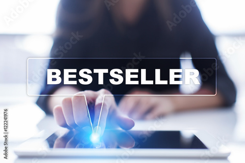 Woman is using tablet pc, pressing on virtual screen and selecting "Bestseller".