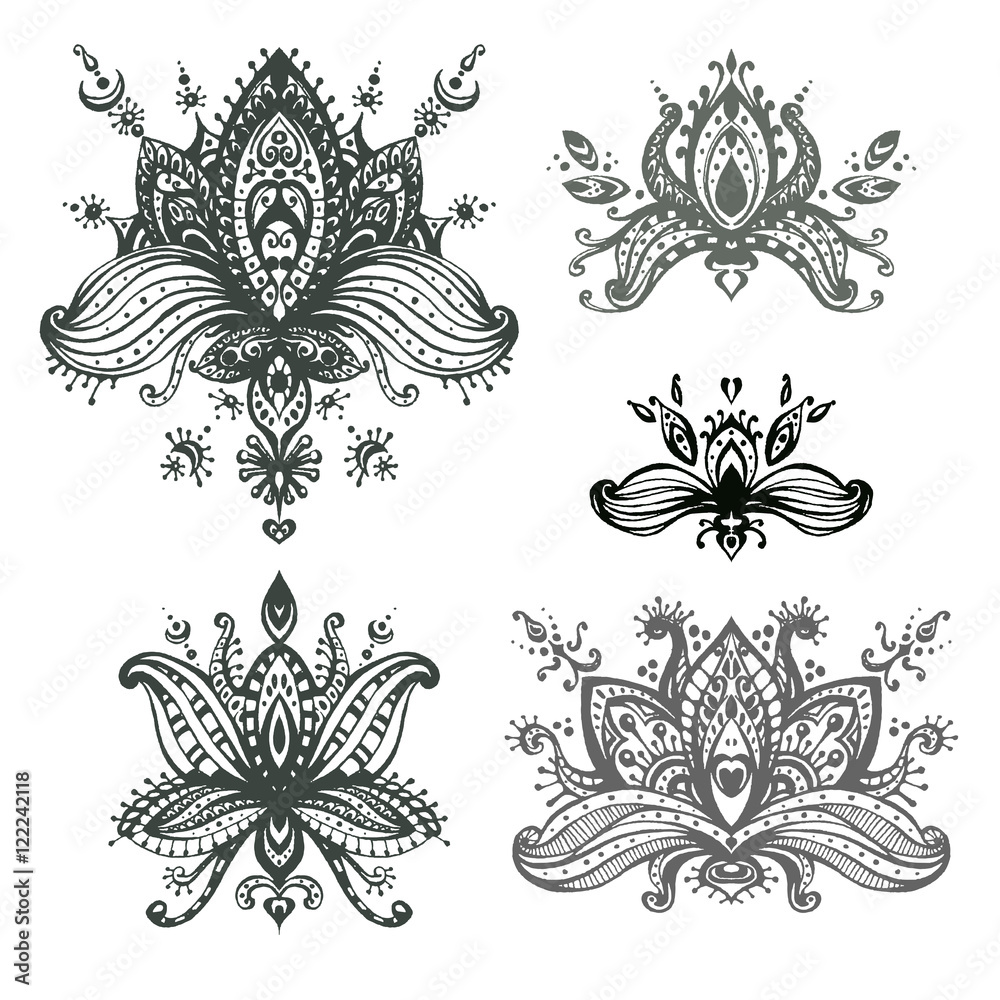Naklejka premium Vector hand drawn set of henna floral lotos elements based on tr
