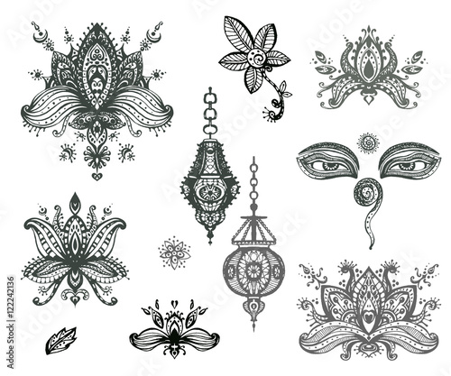 Vector hand drawn set of henna floral lotos elements, eyes and l