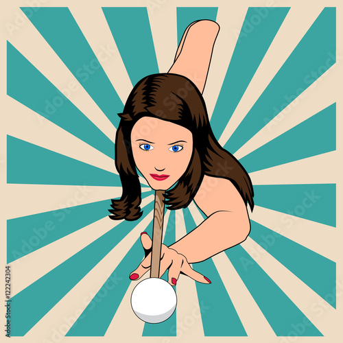Beautiful woman plaing billiards. Vector illustration in vintage pop art style.