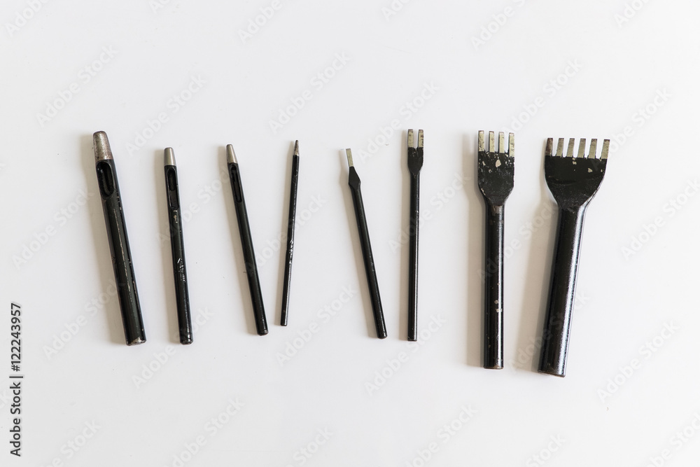 Hollow Punch Set , eight piece on white background, Tools for pu Hollow Punch Set , eight piece on white background, Tools for pu