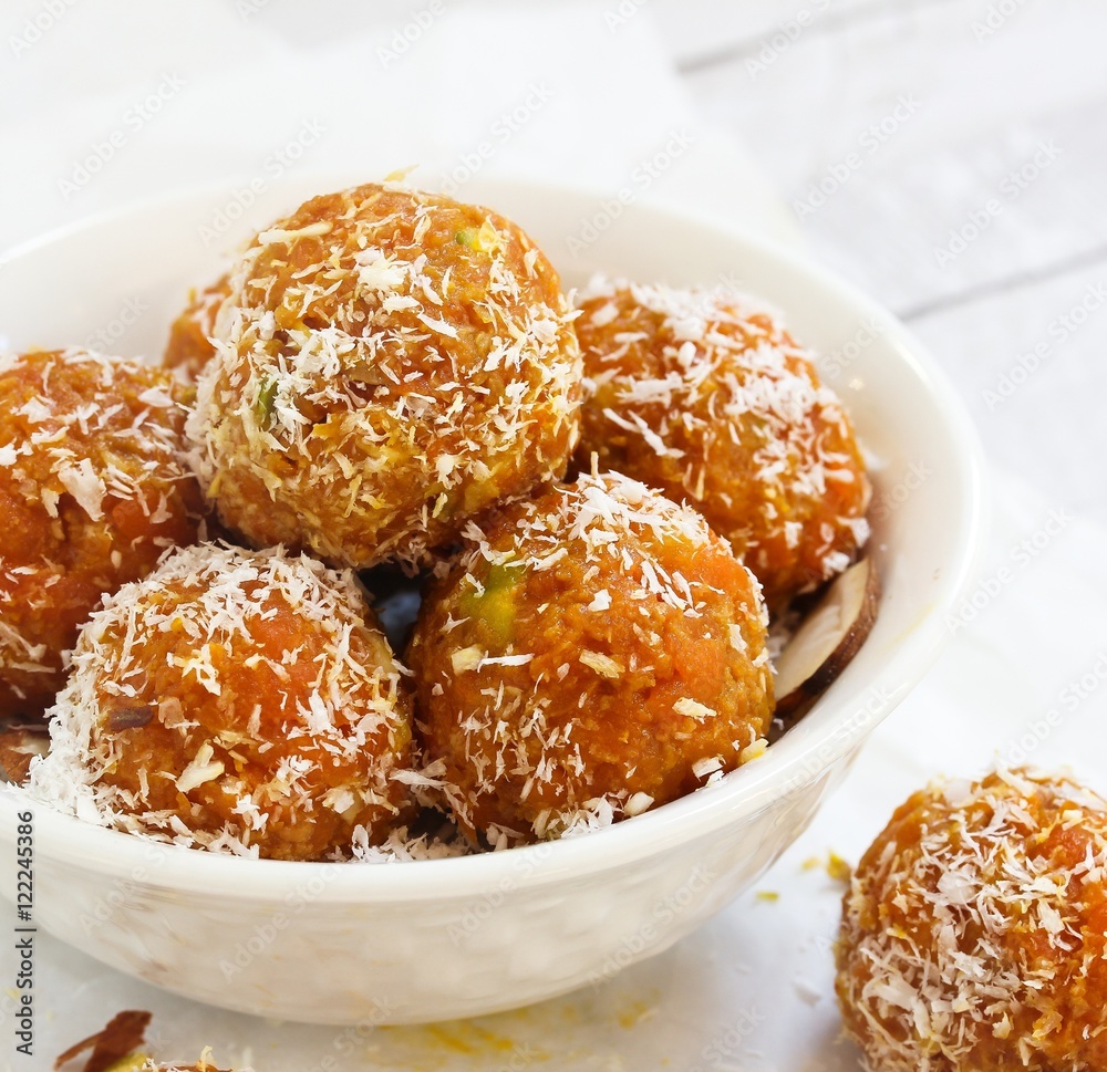 Carrot Halwa laddu / Carrot Coconut Balls, selective focus Carrot Halwa laddu / Carrot Coconut Balls, selective focus