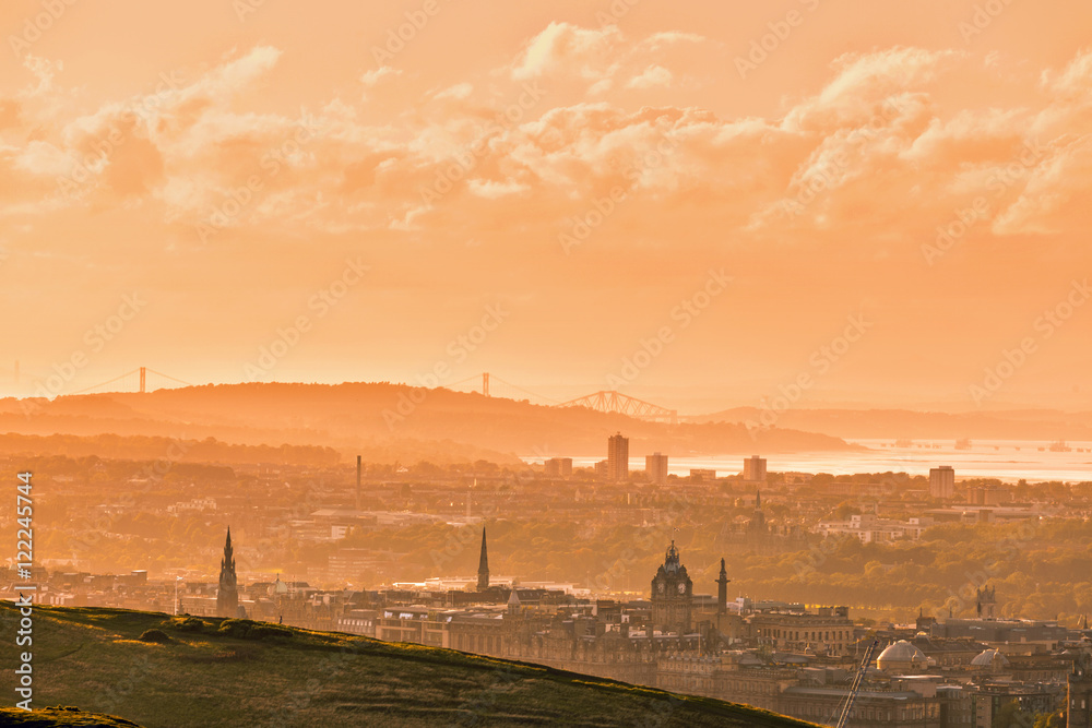 Edinburgh city and Firth of Forth at sunset light