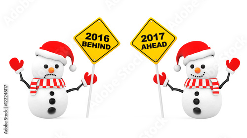 Snowmans with 2016 and 2017 Year Signs. 3d Rendering
