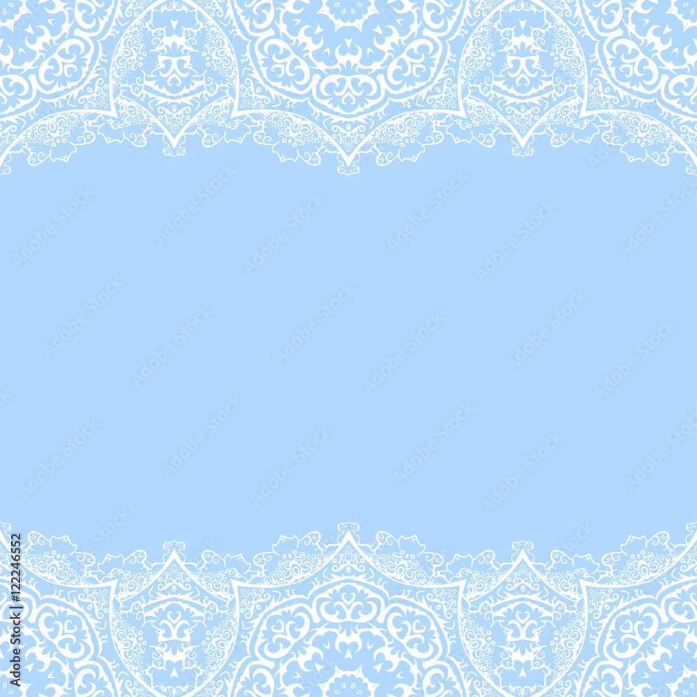 Vector decorative border with white lace from snowflakes on blue