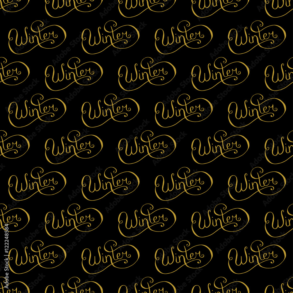 Golden hand lettering winter decor seamless pattern