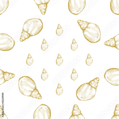 Golden sketch seashell decor seamless pattern. Vector illustration for your design