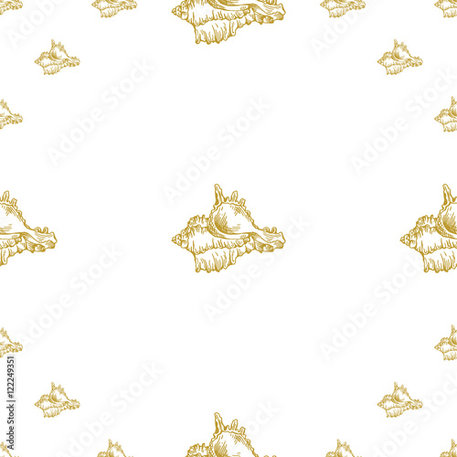 Golden sketch seashell decor seamless pattern. Vector illustration for your design
