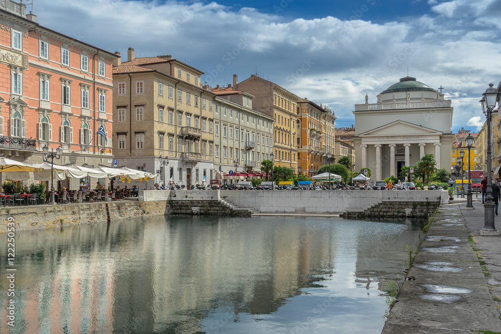 Looking down the Grand Canal in Trieste towards the church of San Antonio