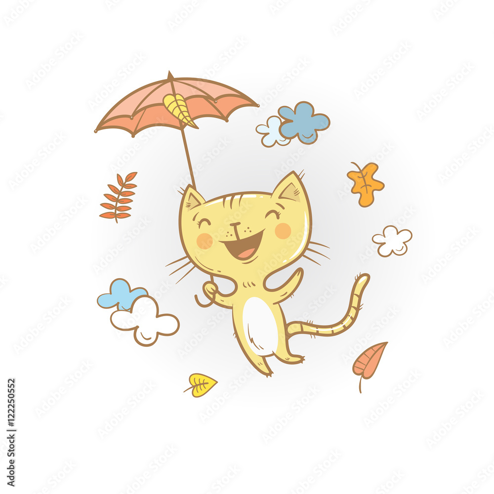 Cute cartoon cat under an umbrella. Flying kitten. Autumn season. Windy  weather and falling leaves. Funny animal. Vector image. Children's  illustration. Stock Vector | Adobe Stock