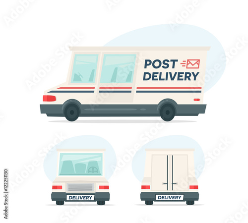 Set of cartoon delivery post car. Isolated objects on white background in flat cartoon style. Vector illustration.