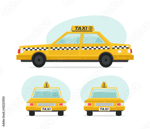 Set of cartoon yellow taxi car. Isolated objects on white background in flat cartoon style. Vector illustration.
