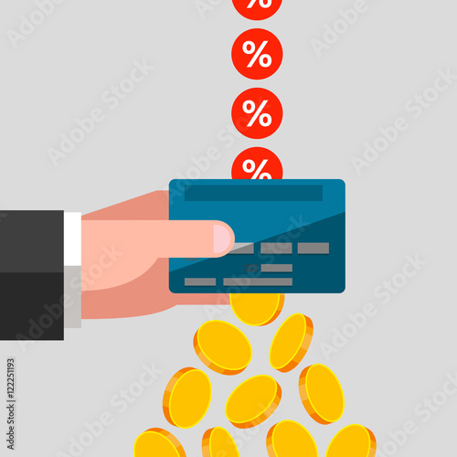 Bank card, percents and coins
