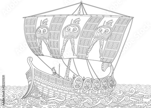 Stylized ancient greek galley (warship) with mast, sail, oars and warriors with spears and shields. Freehand sketch for adult anti stress coloring book page with doodle and zentangle elements. photo