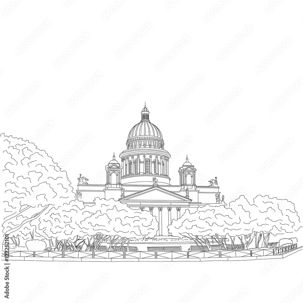 St. Isaac's Cathedral sketching on white background. Saint Petersburg, Russia. Vector illustration for your design