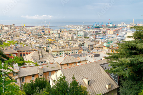 Aerial view of Genoa from the top the hill.