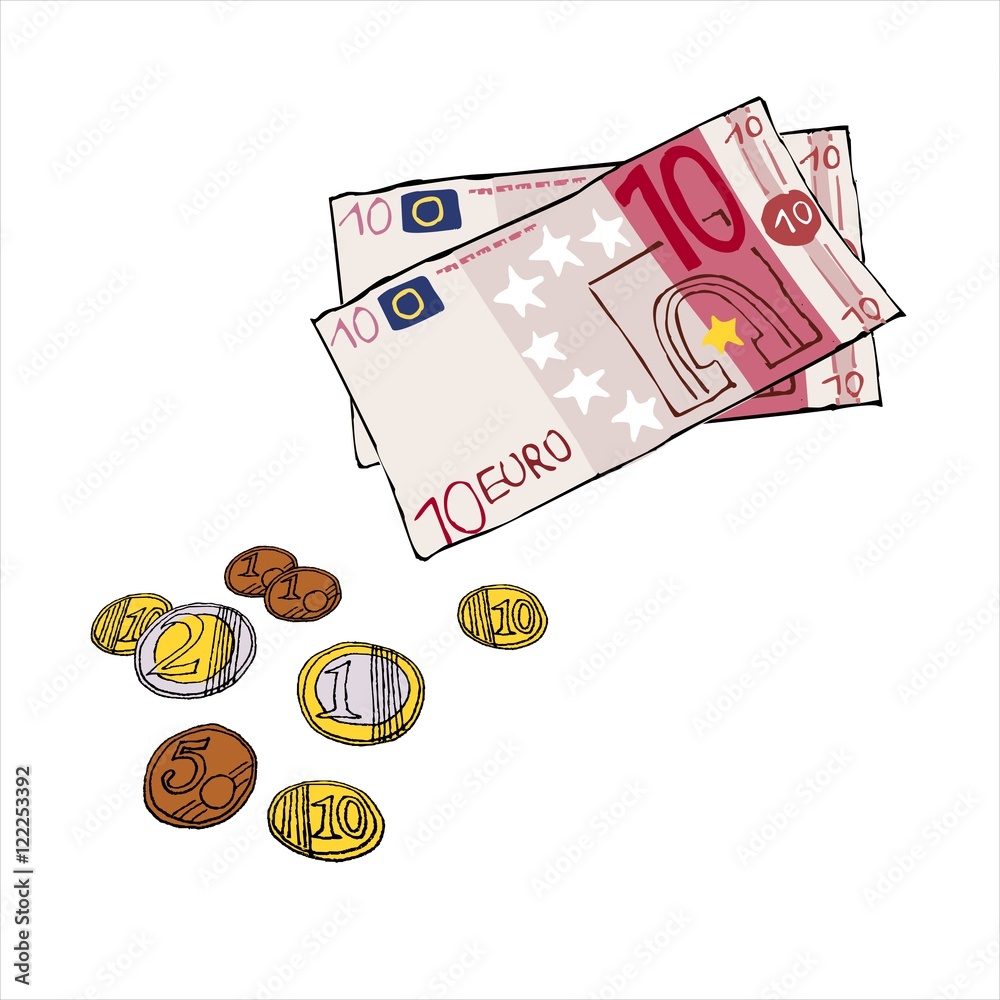 Afslachten telefoon werk Geld 10 Euro Scheine Münzen Wechselgeld - handgezeichnet Illustration -  comic Stock Vector | Adobe Stock