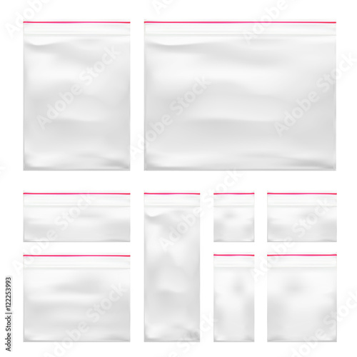 Transparent Blank Empty Plastic Pocket Bags on white background