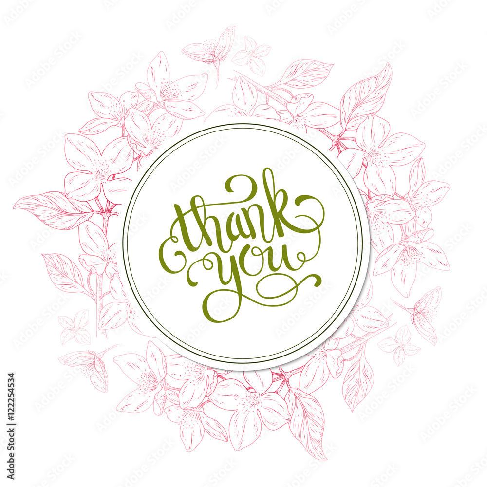 Thank you card. Plant in blossom, branch with flower ink sketch. Vector illustration for your design