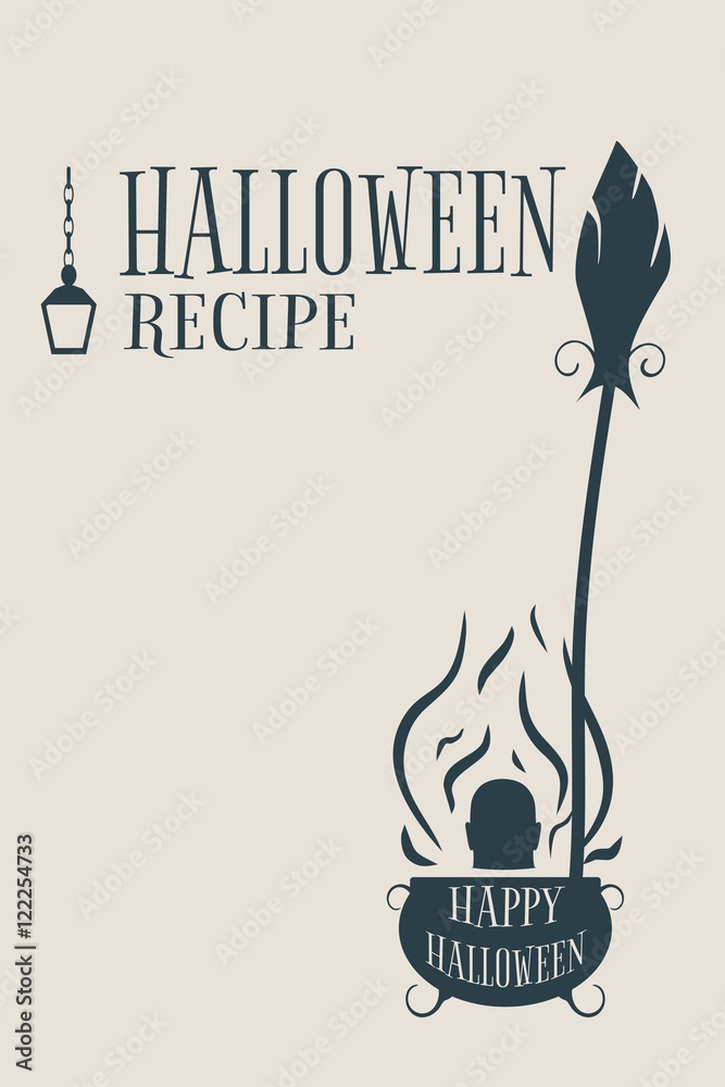 Halloween party background. Witches cauldron with human head and broomstick. Halloween recipe text Halloween party background. Witches cauldron with human head and broomstick. Halloween recipe text