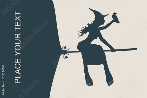 Vector illustration of flying young witch icon. Witch and raven silhouettes on a broomstick. Field for text. Halloween relative image