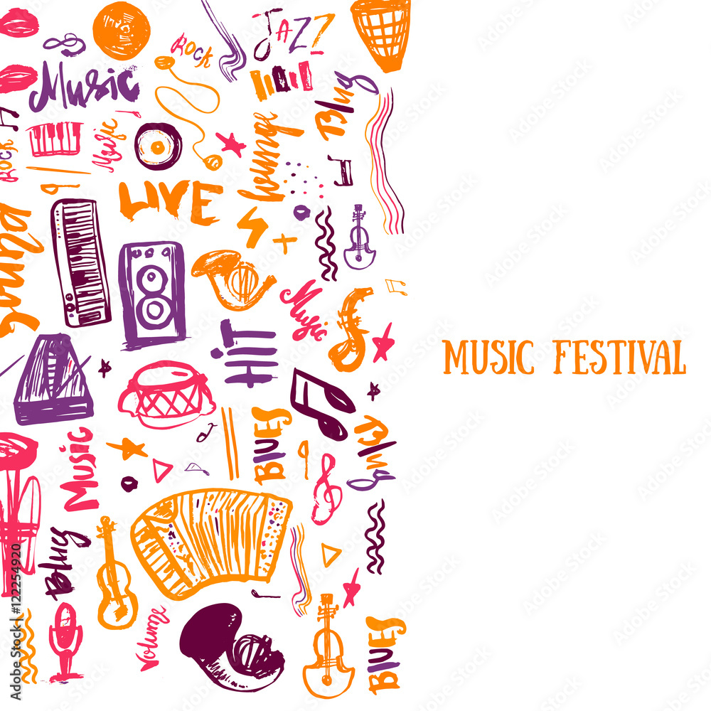 Music concert vector poster template. Can be used for printable  promotion with lettering and doodle  items.