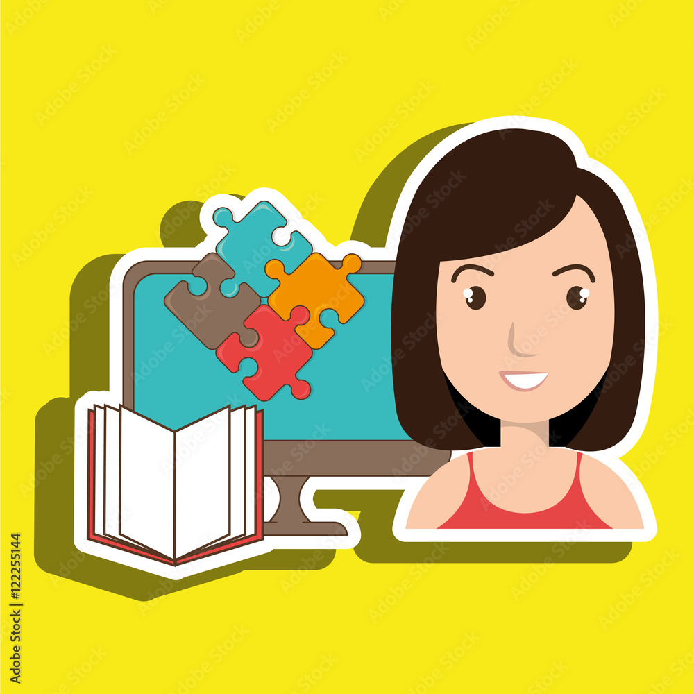 woman pc book puzzle vector illustration eps 10 woman pc book puzzle vector illustration eps 10