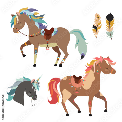 Tribal horses clipart. Vector illustration isolated on white background.