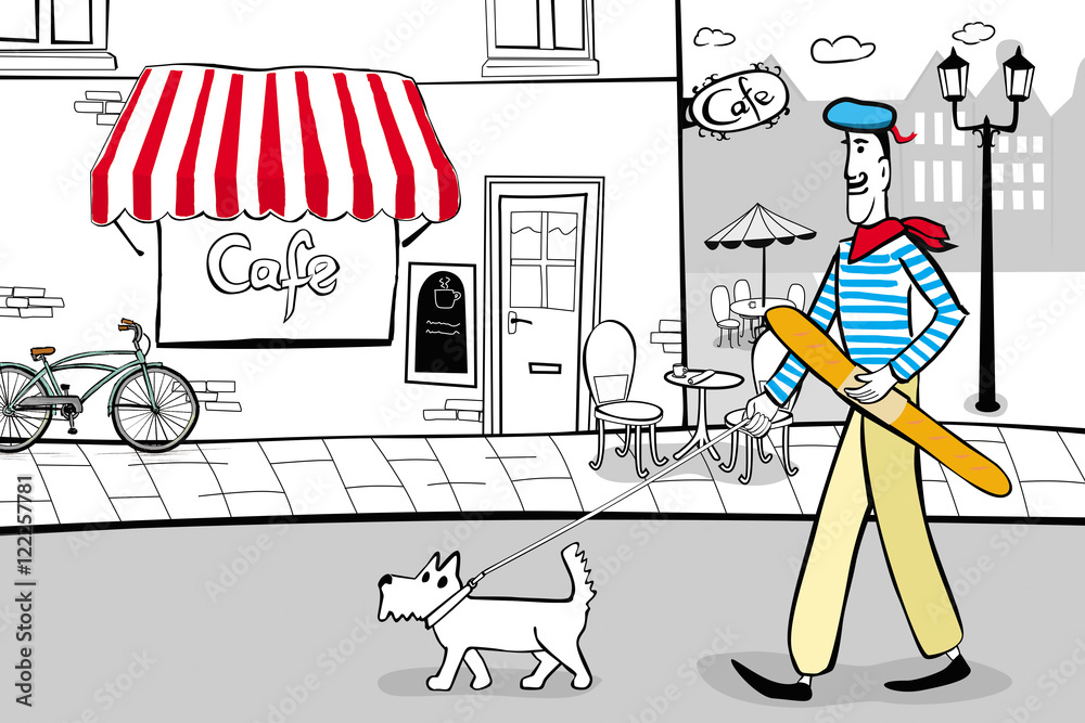 Spacer po Paryżu z psem na smyczy z bagietką w dłoni - obrazy, fototapety, plakaty 