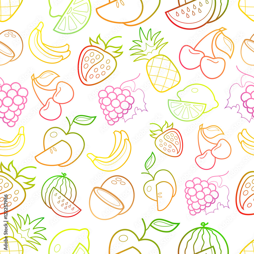 Neon line art colorful fruit icons pattern on white background Neon line art colorful fruit icons pattern on white background