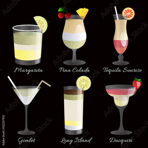 Set of colorful alcohol cocktails on black background