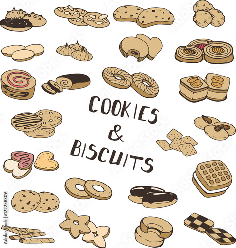 Fotografia Hand-drawn collection of the different colorful cookies and biscuits desserts