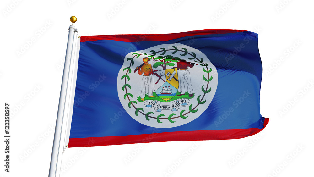 Belize flag waving on white background, close up, isolated with clipping path mask alpha channel transparency Belize flag waving on white background, close up, isolated with clipping path mask alpha channel transparency