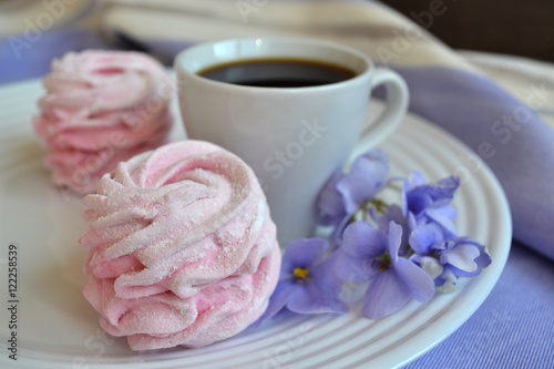 Pale pink zephyr cakes and petite cup of coffee