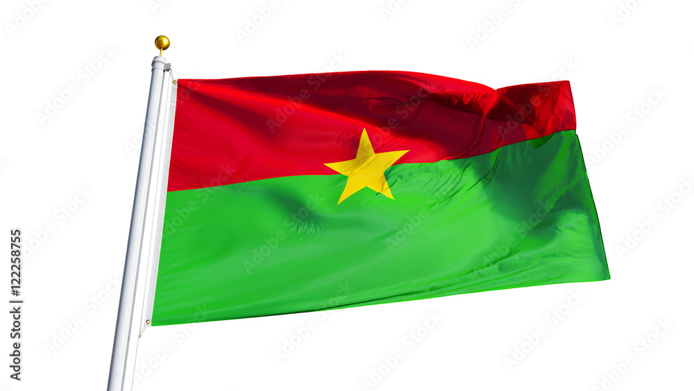 Burkina Faso flag waving on white background, close up, isolated with clipping path mask alpha channel transparency