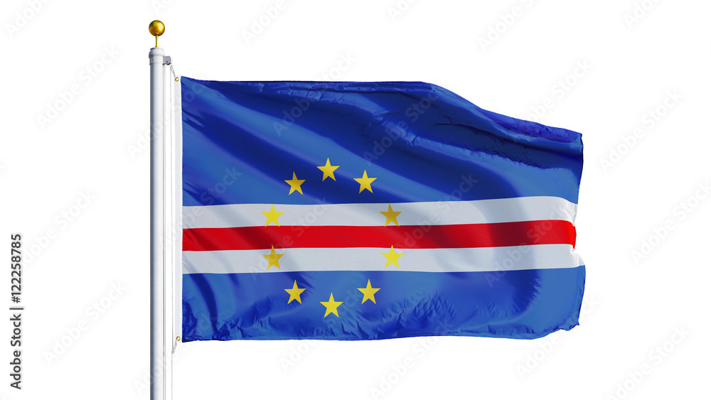 Cape Verde flag waving on white background, close up, isolated with clipping path mask alpha channel transparency