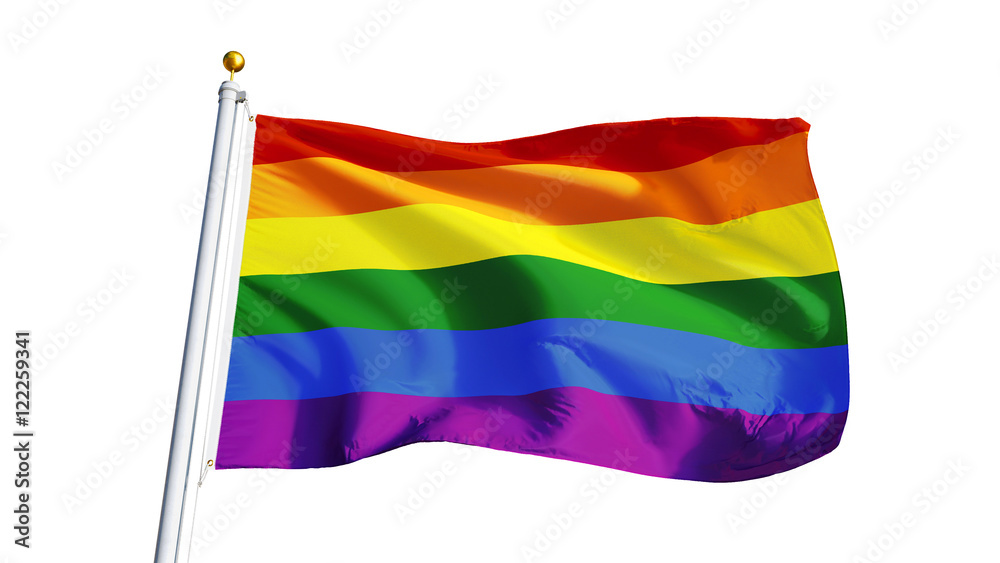 The gay pride rainbow flag waving on white background, close up ...