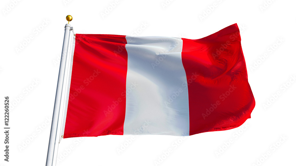 Peru flag waving on white background, close up, isolated with clipping path mask alpha channel transparency Peru flag waving on white background, close up, isolated with clipping path mask alpha channel transparency