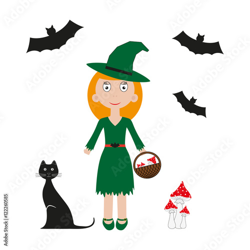 Vector halloween witch. Vector illustration bat, cat, girl