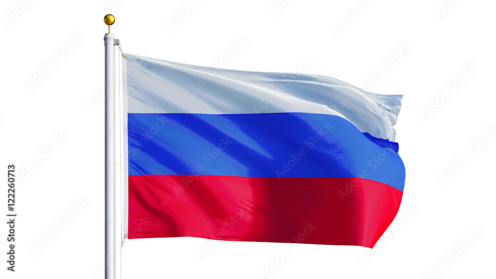 Russia flag waving on white background, close up, isolated with clipping path mask alpha channel transparency Russia flag waving on white background, close up, isolated with clipping path mask alpha channel transparency