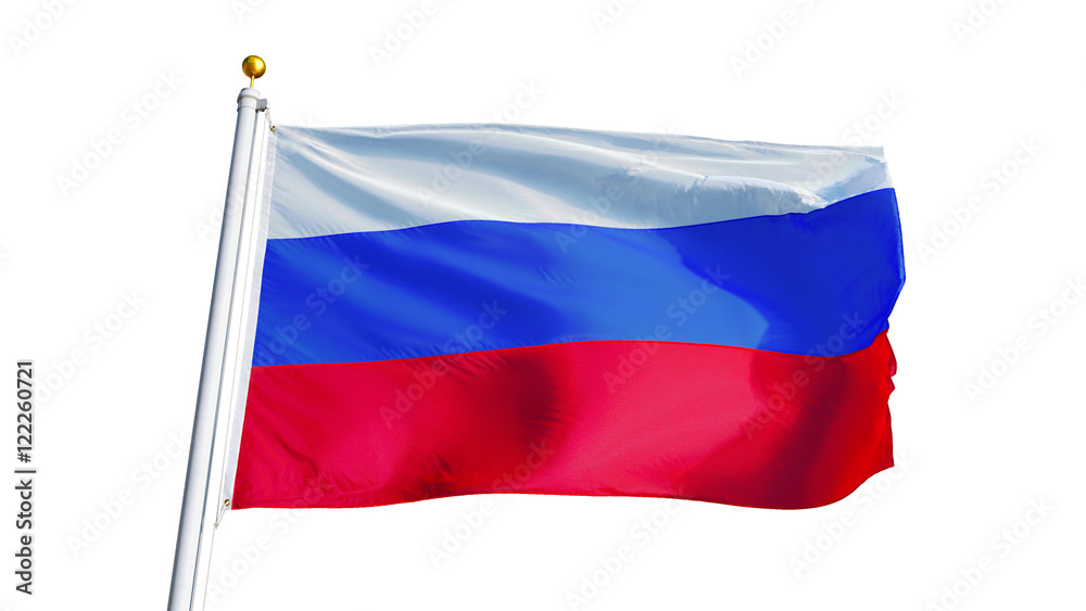 Fototapeta premium Russia flag waving on white background, close up, isolated with clipping path mask alpha channel transparency