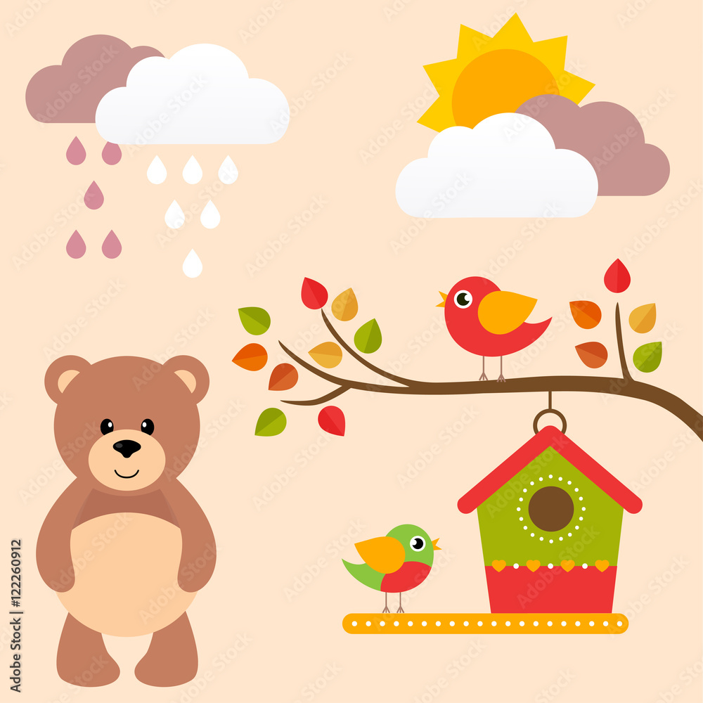 autumn birds on a branch and bear autumn birds on a branch and bear