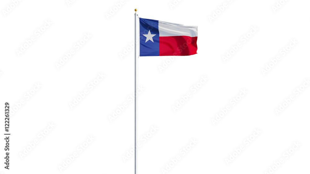 Obraz premium Texas flag waving on white background, long shot, isolated with clipping path mask alpha channel transparency