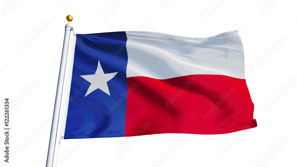 Texas flag waving on white background, close up, isolated with clipping path mask alpha channel transparency