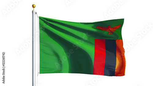 Zambia flag waving on white background, close up, isolated with clipping path mask alpha channel transparency